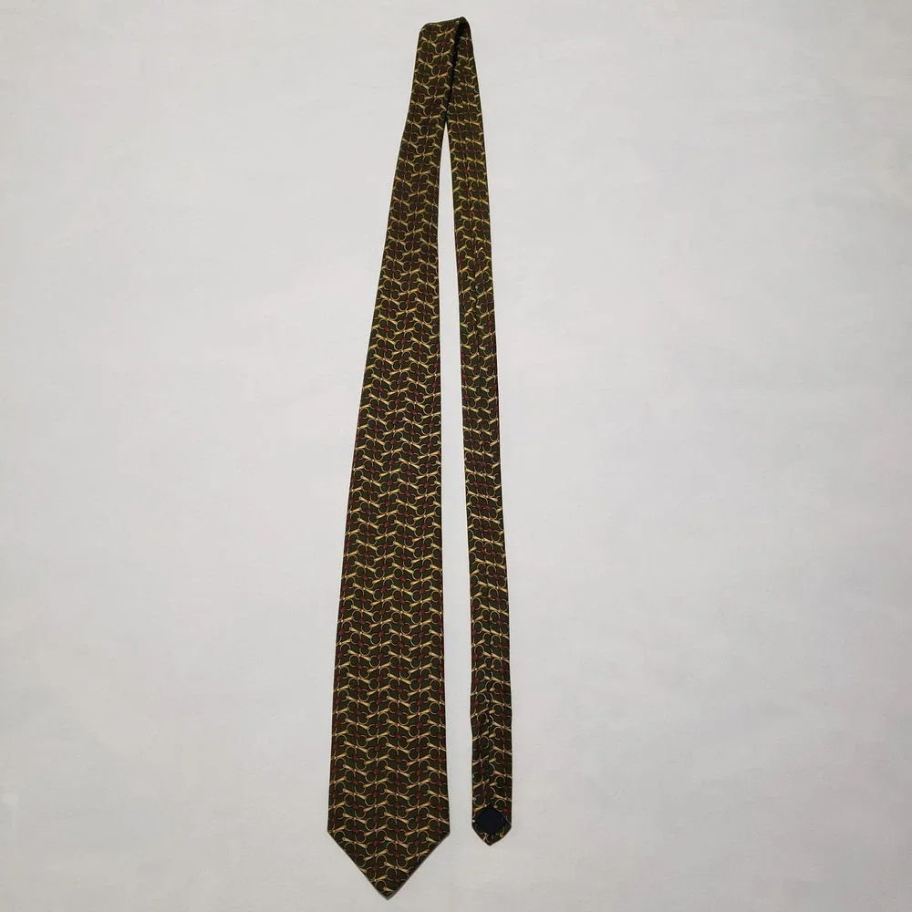 Brooks Brothers Mens Silk Tie Green Gold Burgundy Bit Pattern Made in‎ USA